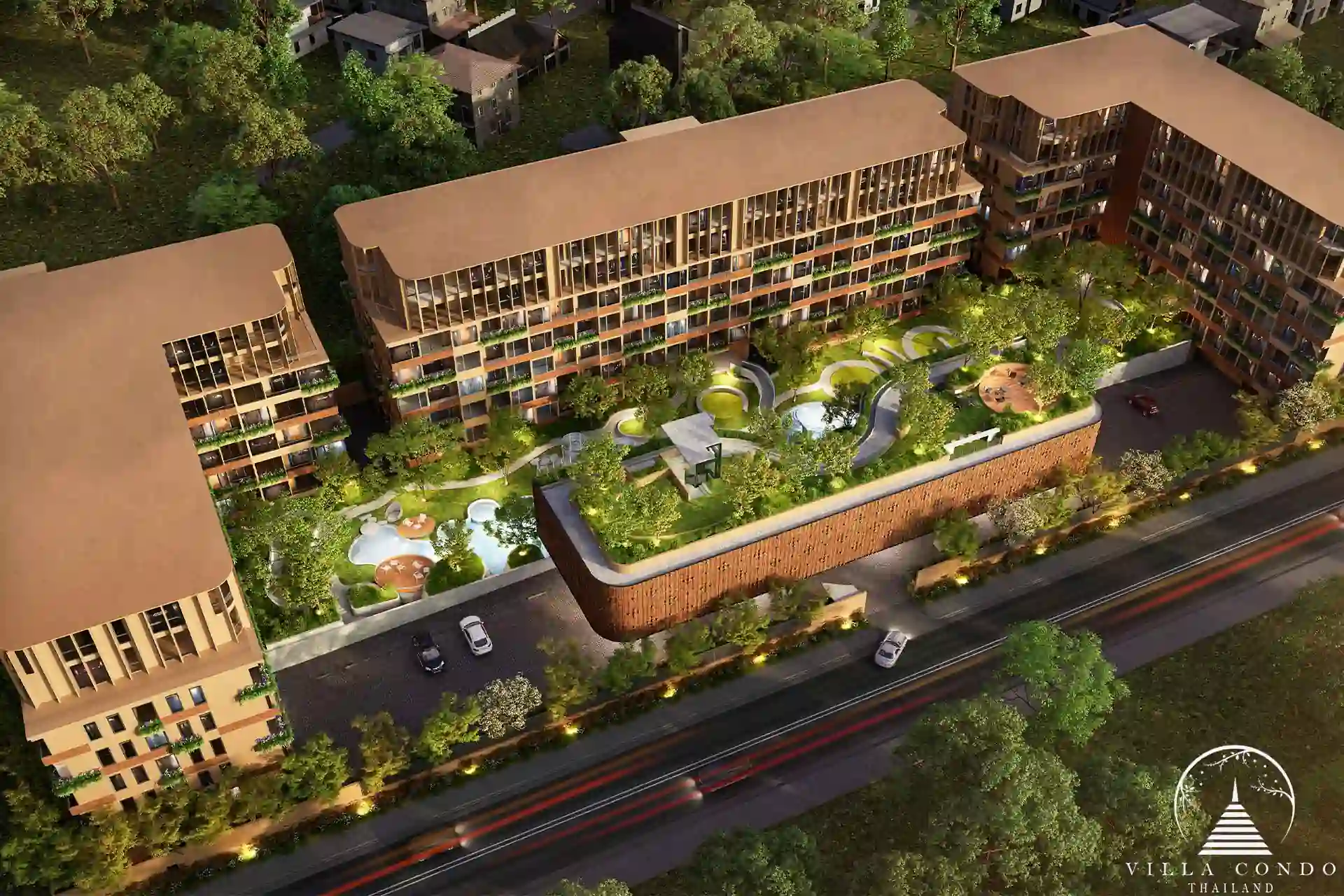 Arise Vibe condo aerial night view with illuminated landscape in Thalang Phuket