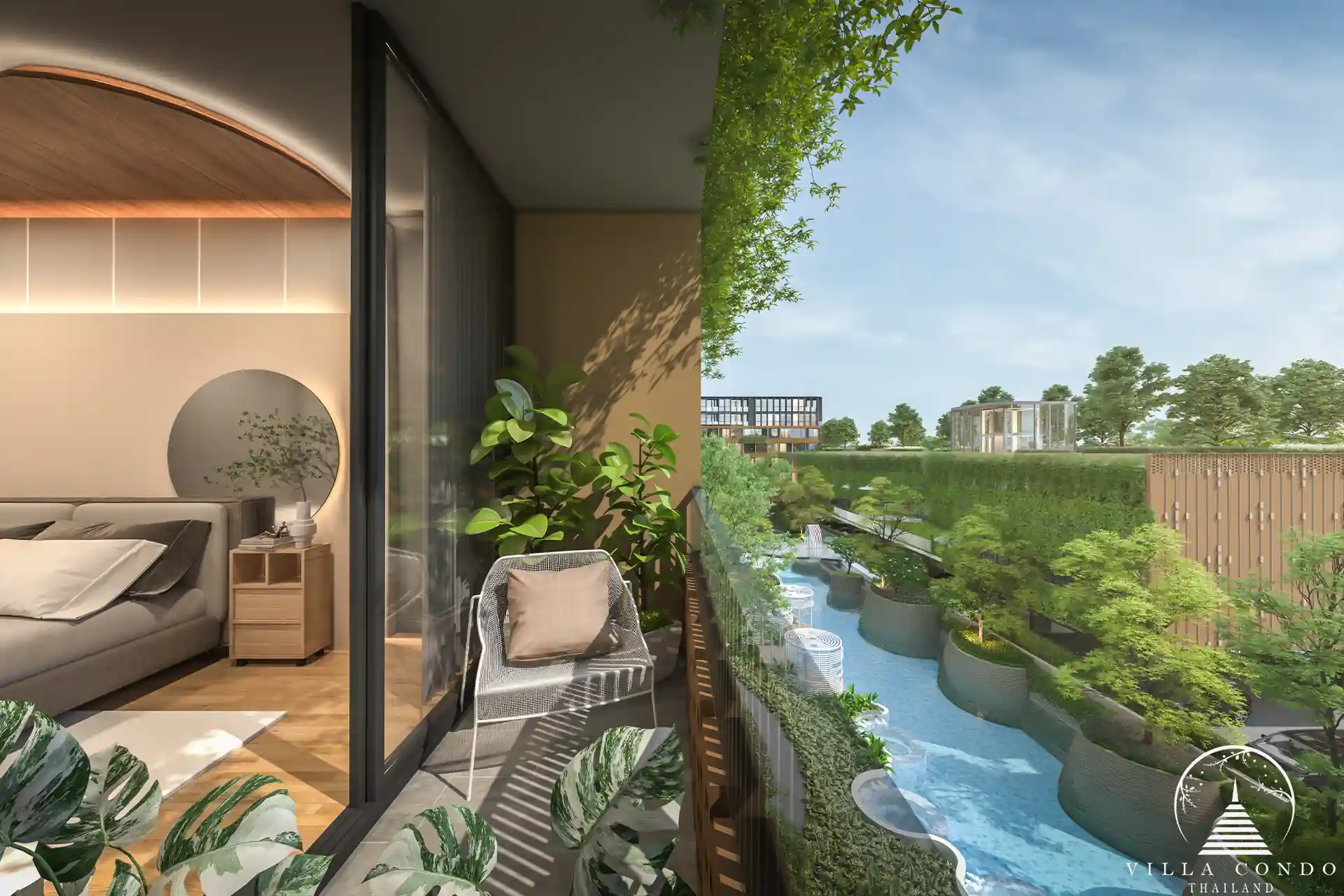 Arise Vibe Condo bedroom with balcony overlooking pool and garden in Thalang Phuket