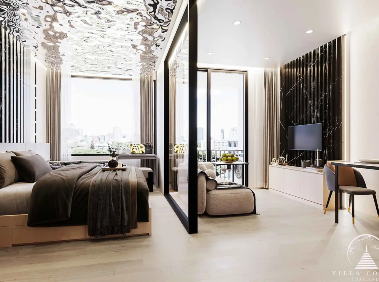 Arise Vibe Condo bedroom with balcony and city view in Thalang Phuket