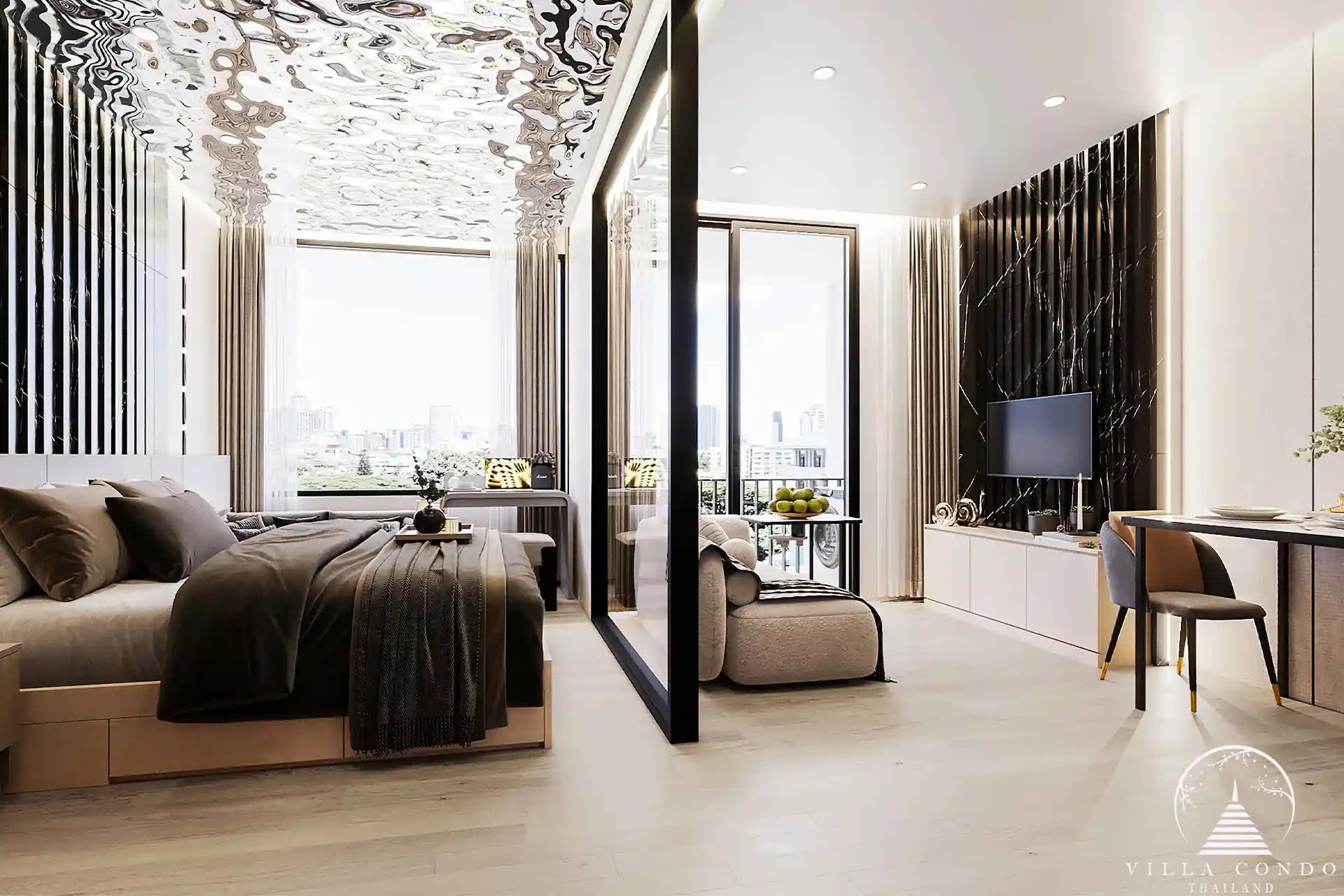 Arise Vibe Condo bedroom with balcony and city view in Thalang Phuket