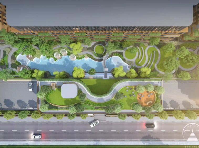 Arise Vibe condo bird’s-eye view with gardens and pool in Thalang Phuket