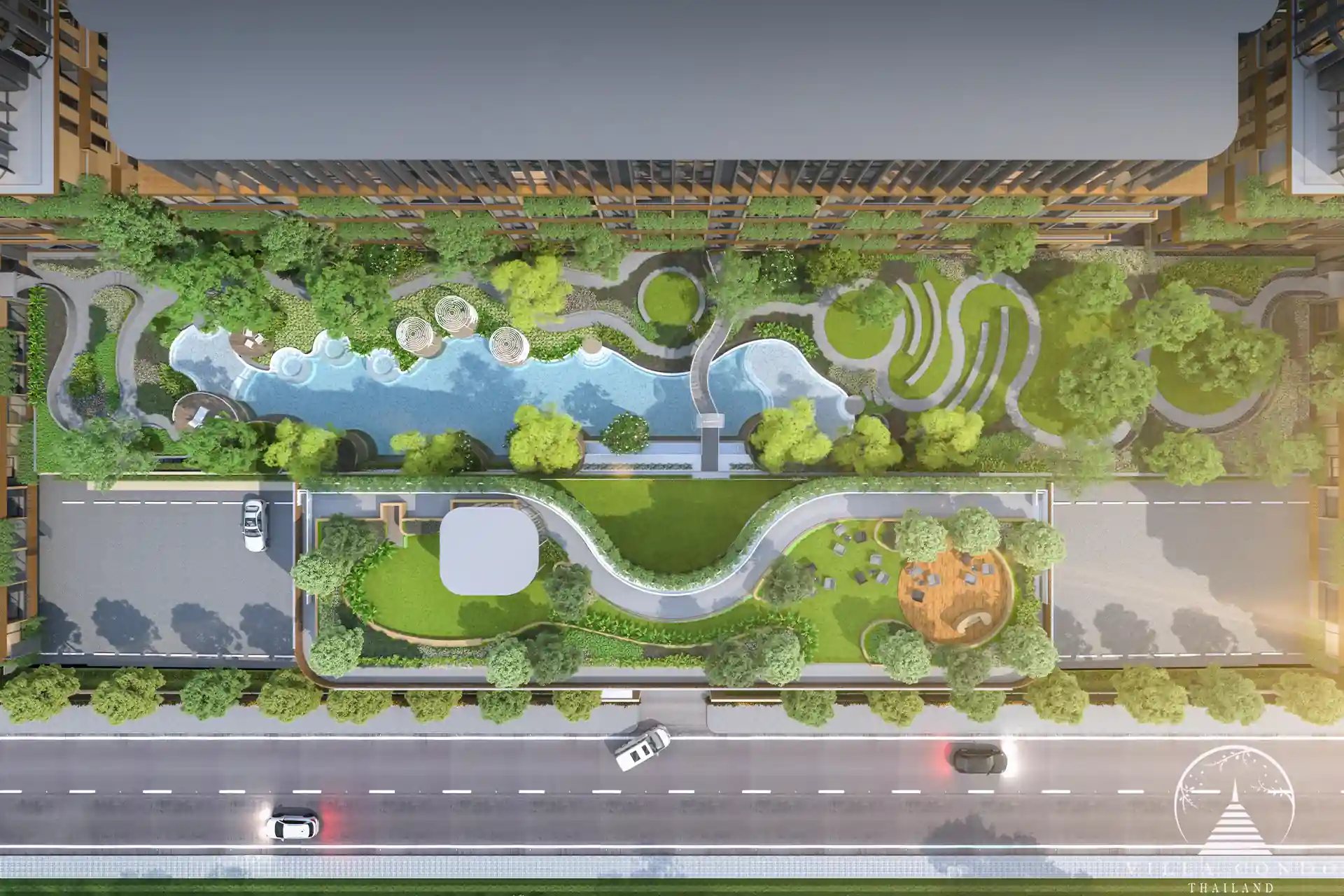 Arise Vibe condo bird’s-eye view with gardens and pool in Thalang Phuket