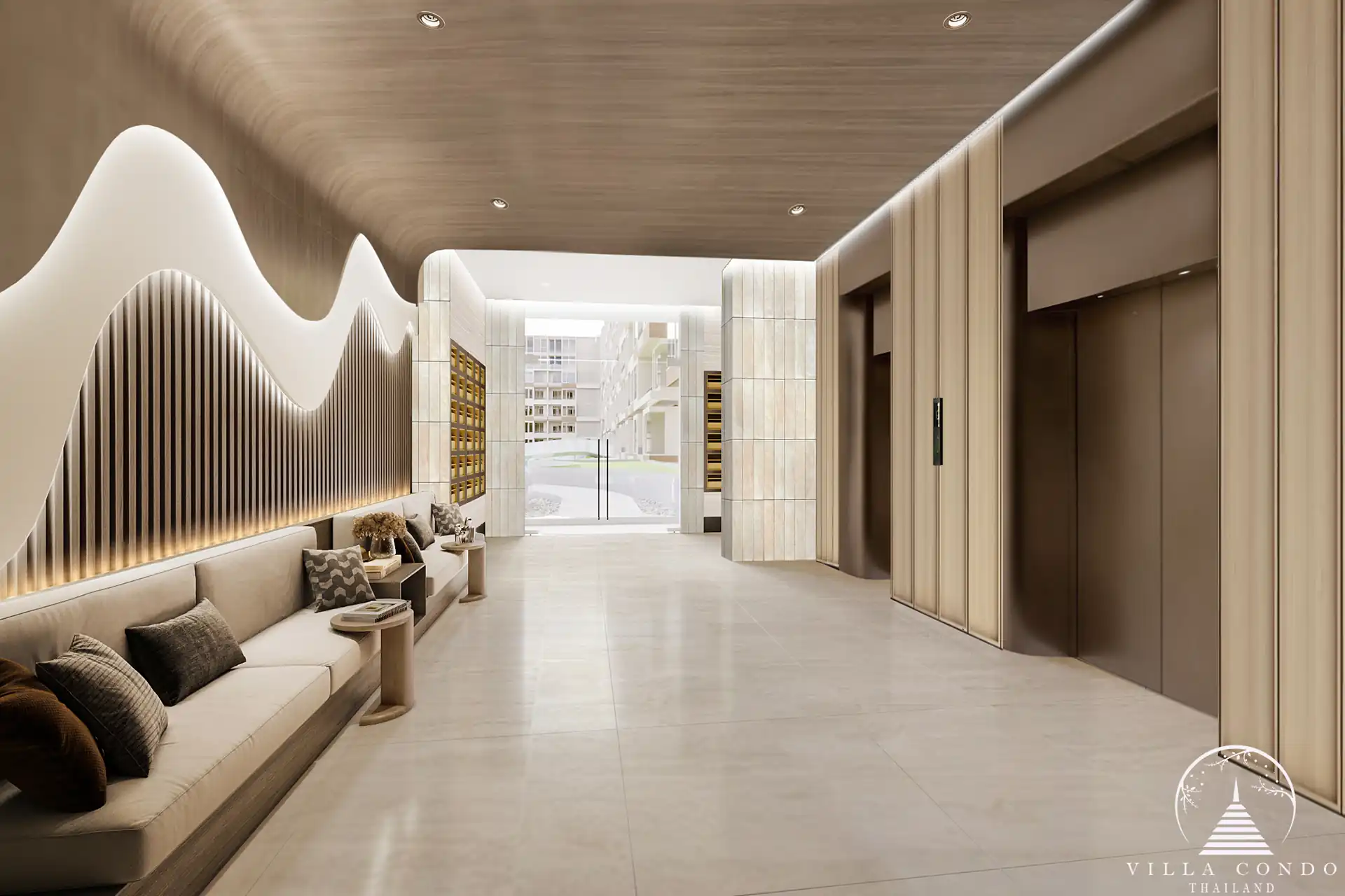 Arise Vibe Condo elevator lobby with seating and wall decor in Thalang Phuket
