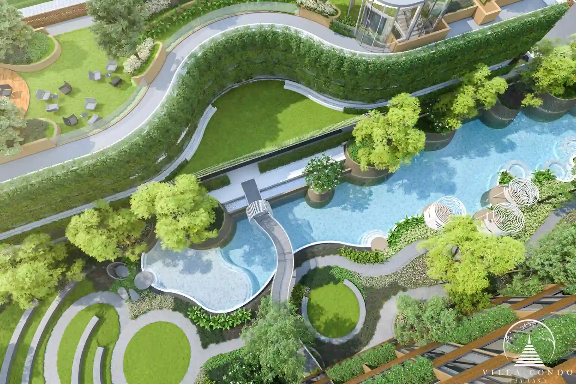 Arise Vibe condo garden walkway with curved pool in Thalang Phuket