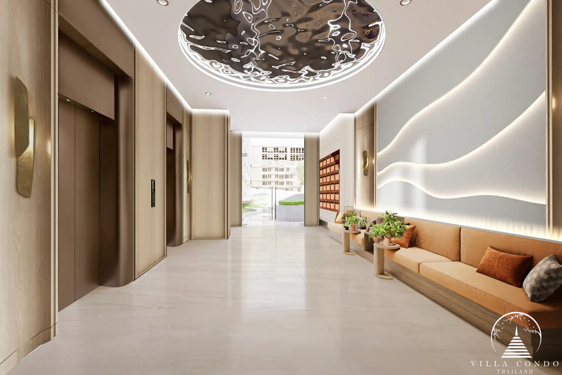 Arise Vibe Condo modern lift lobby with stylish ceiling design in Thalang Phuket