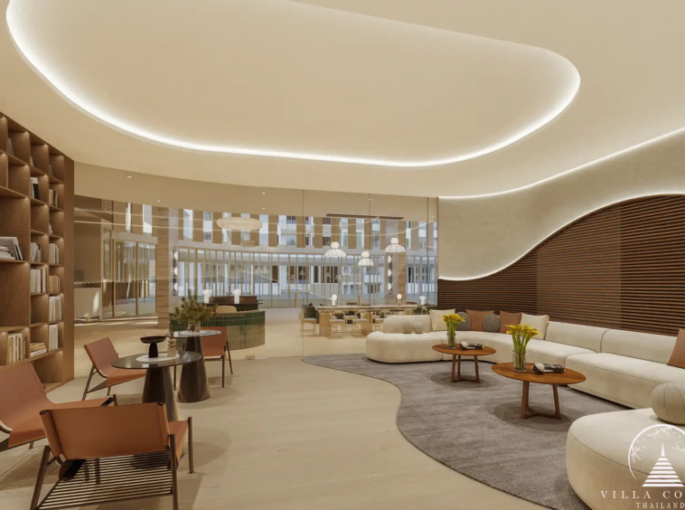 Arise Vibe Condo reading lounge with bookshelves and seating in Thalang Phuket