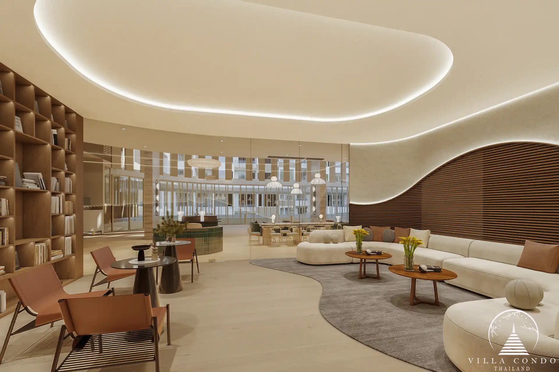 Arise Vibe Condo reading lounge with bookshelves and seating in Thalang Phuket