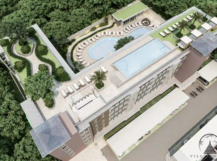 Babylon Sky Garden Phase 2 bird’s-eye view showing pool and rooftop gardens.