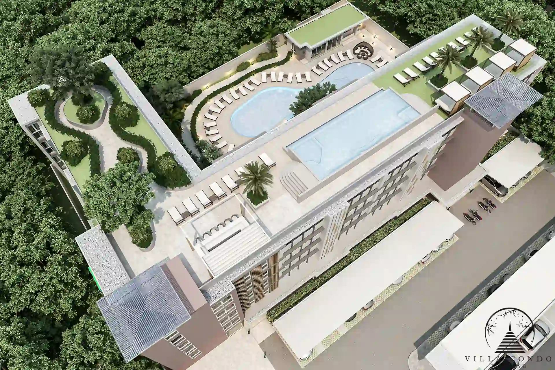 Babylon Sky Garden Phase 2 bird’s-eye view showing pool and rooftop gardens.