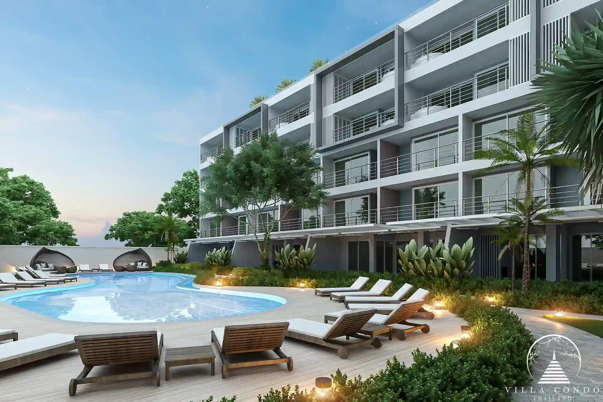 Babylon Sky Garden Phase 2 illuminated pool area with greenery in Rawai.