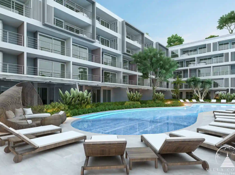 Babylon Sky Garden Phase 2 poolside loungers by the serene pool in Rawai.