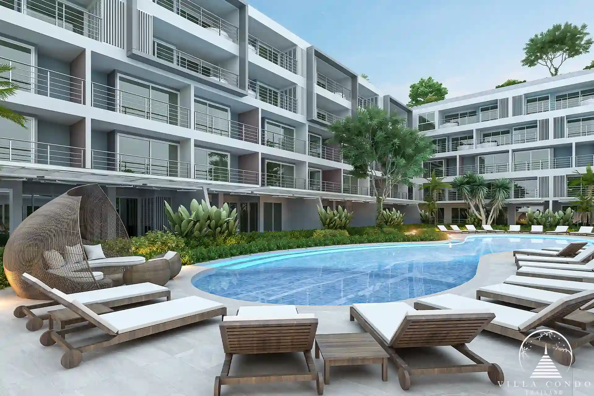 Babylon Sky Garden Phase 2 poolside loungers by the serene pool in Rawai.