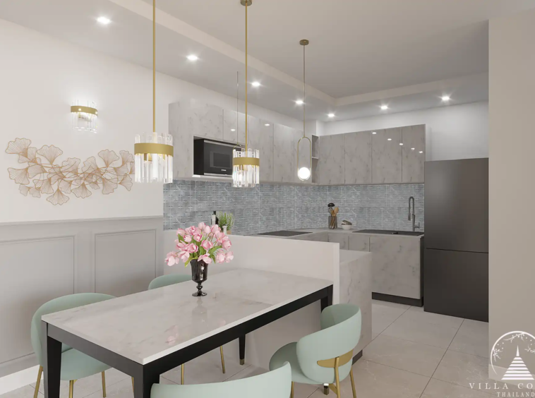 Babylon Sky Garden Phase 2 sleek kitchen design with dining space in Rawai.