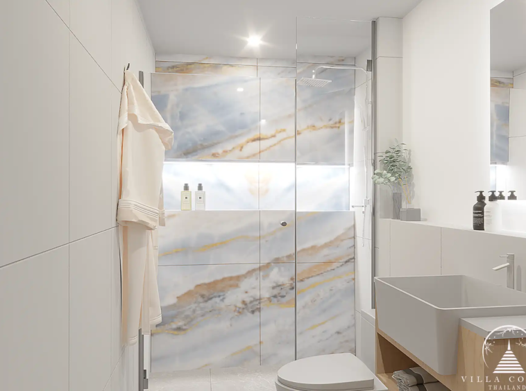 Babylon Sky Garden Phase 2 modern bathroom with marble tiles in Rawai condo.