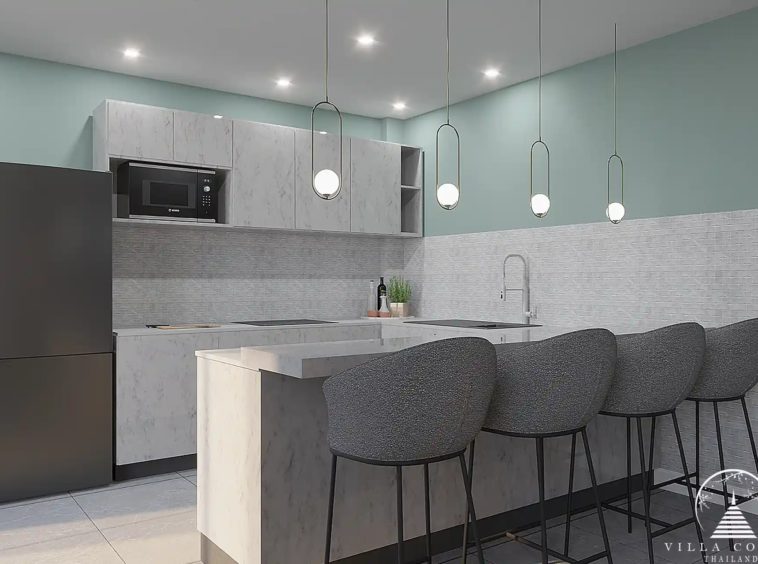 Babylon Sky Garden Phase 2 modern kitchen with marble counters in Rawai condo.