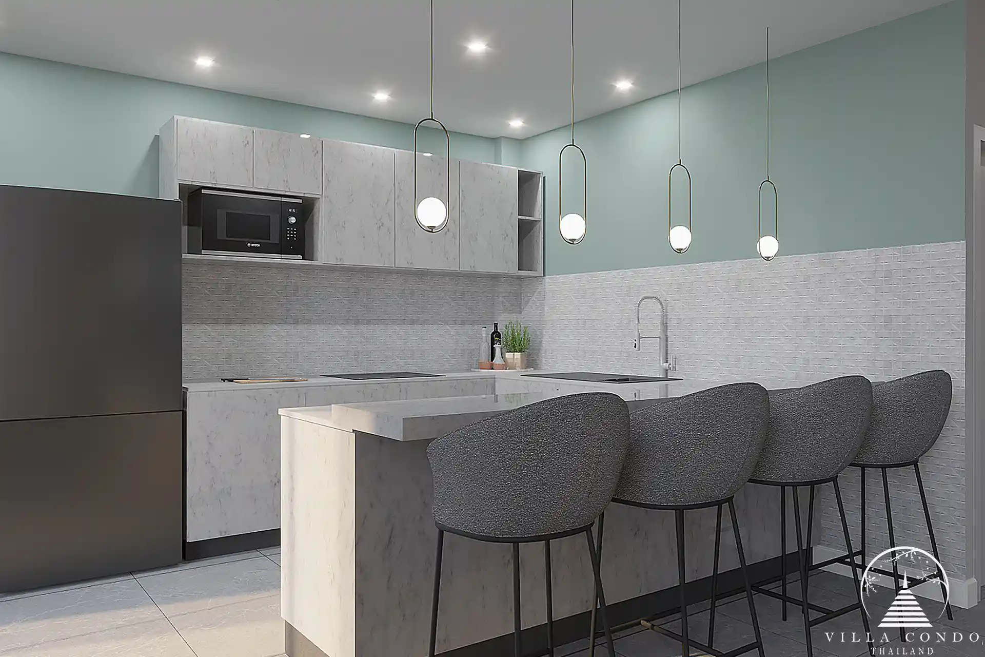 Babylon Sky Garden Phase 2 modern kitchen with marble counters in Rawai condo.