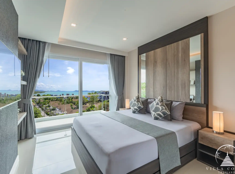 Babylon Sky Garden Phase 2 bedroom with panoramic sea view in Rawai condo.