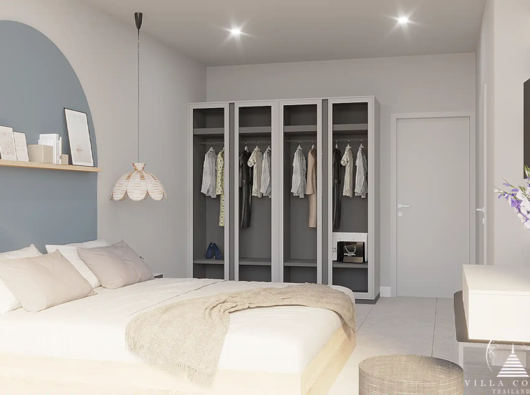 Babylon Sky Garden Phase 2 stylish bedroom with minimalist decor in Rawai condo.