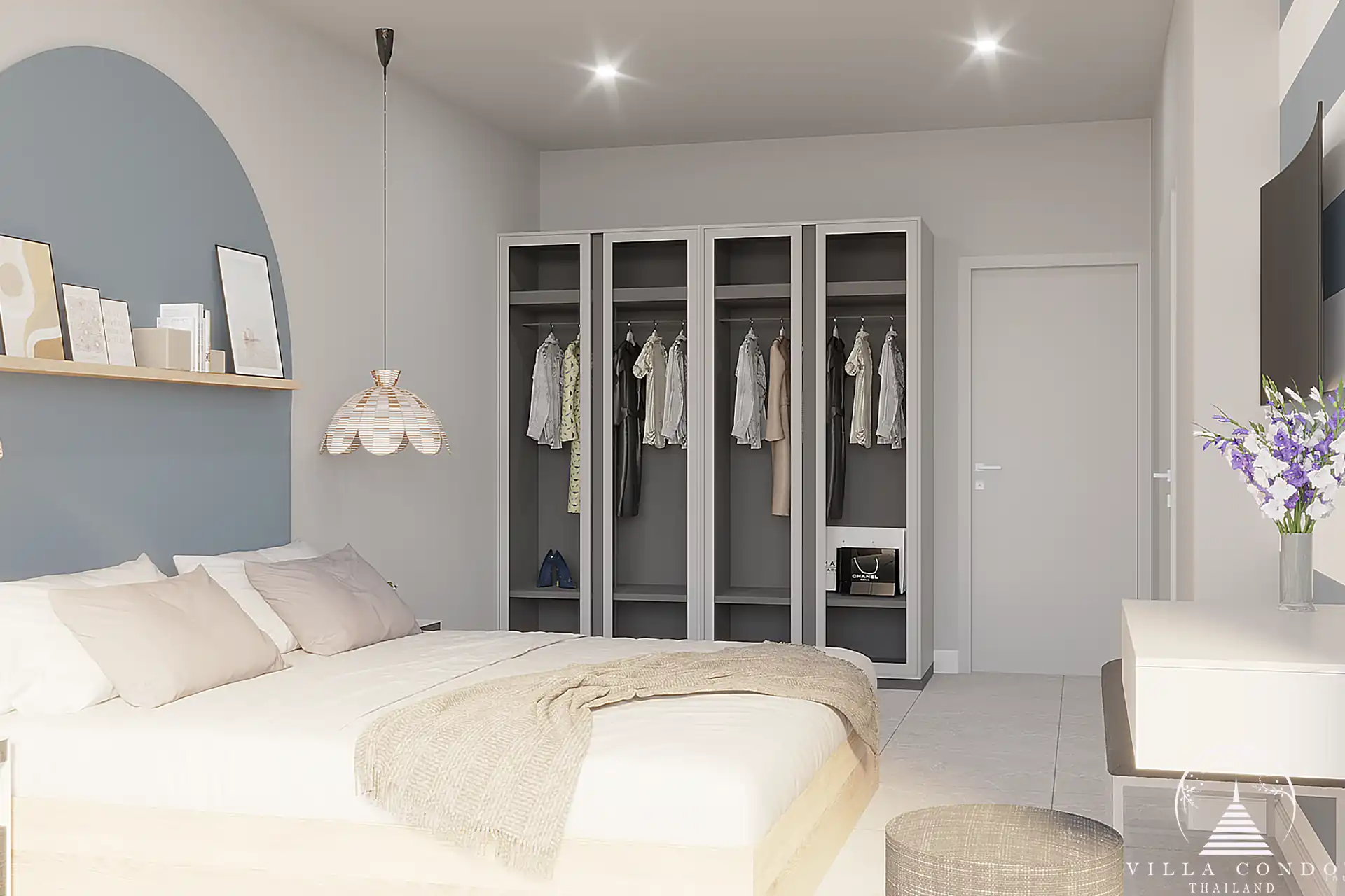 Babylon Sky Garden Phase 2 stylish bedroom with minimalist decor in Rawai condo.