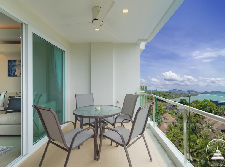Babylon Sky Garden Phase 2 balcony with ocean view and outdoor dining in Rawai