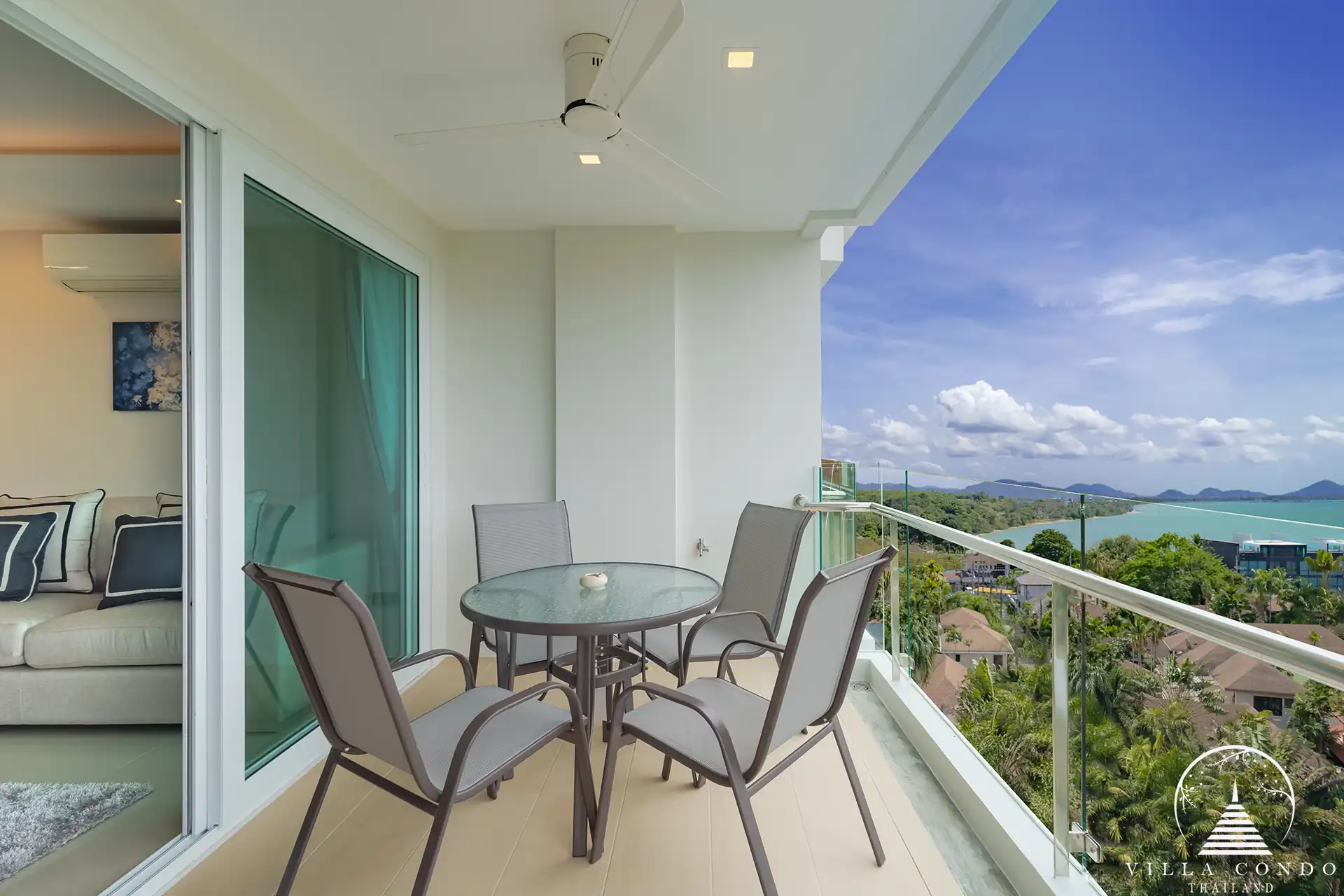 Babylon Sky Garden Phase 2 balcony with ocean view and outdoor dining in Rawai