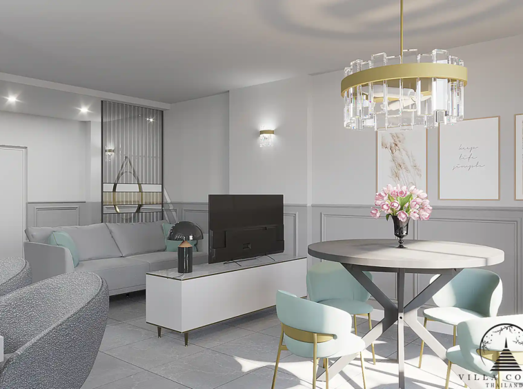 Babylon Sky Garden Phase 2 bright living room with elegant furniture in Rawai Phuket
