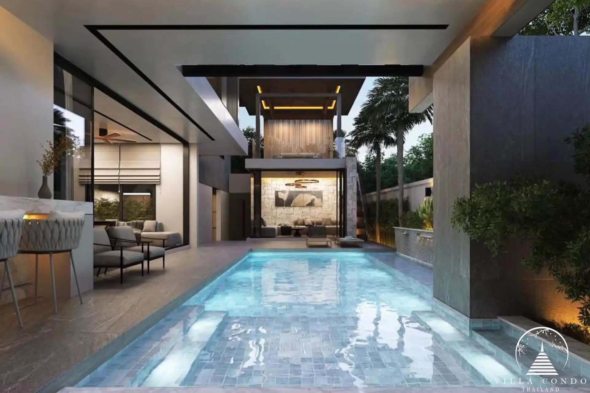 Dareeya Pool Villas Bangtao modern swimming pool with sun loungers