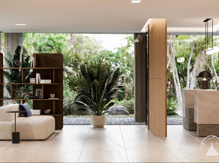 Dominion Rawai condo stylish lobby with modern seating and garden view in Phuket