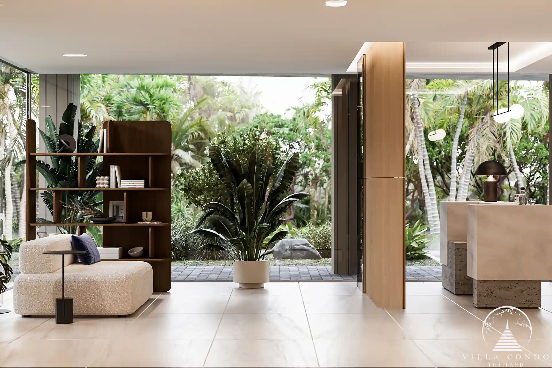 Dominion Rawai condo stylish lobby with modern seating and garden view in Phuket