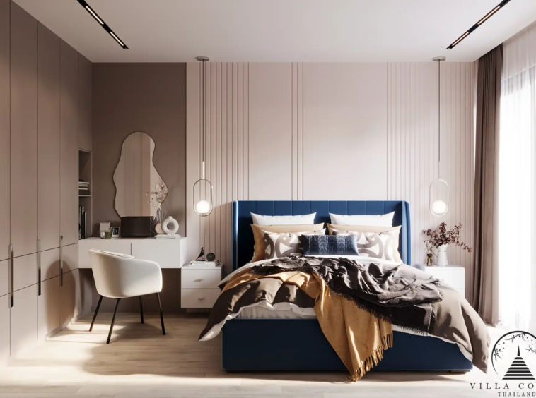 Dominion Rawai condo master bedroom with modern decor and workspace in Phuket