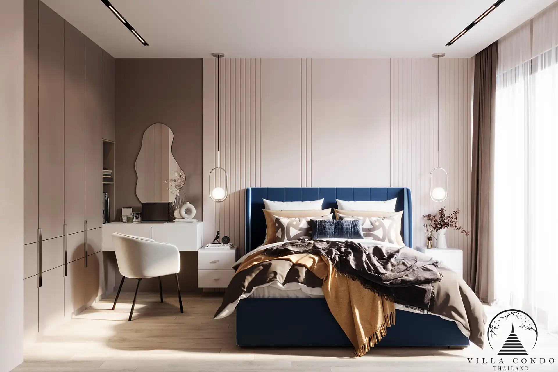 Dominion Rawai condo master bedroom with modern decor and workspace in Phuket