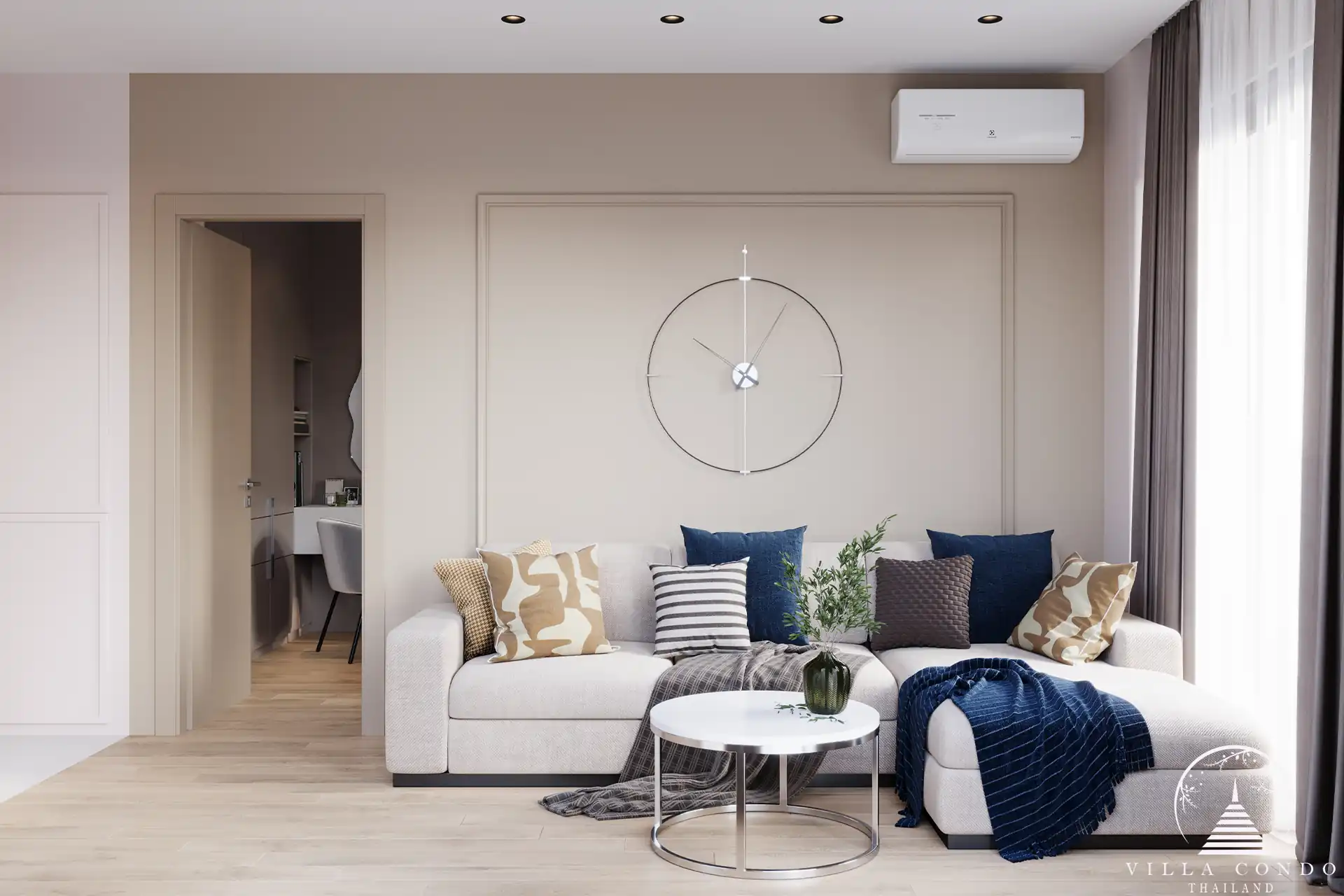 Dominion Rawai condo open-plan kitchen and living room with modern furniture in Phuket
