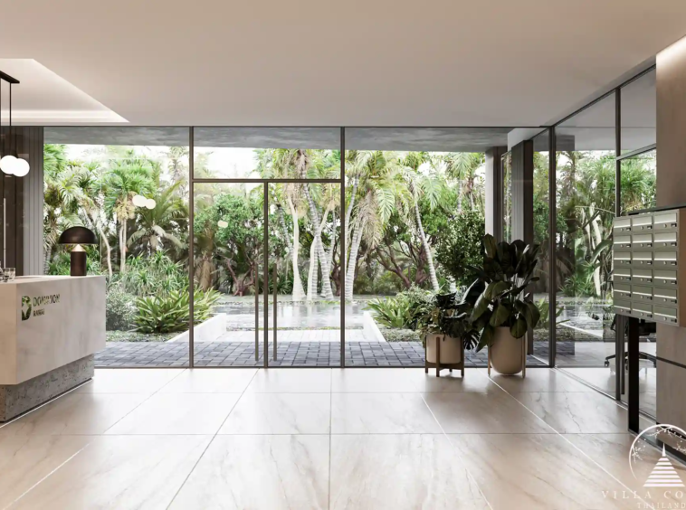 Dominion Rawai condo reception lobby with garden view and mailboxes in Phuket