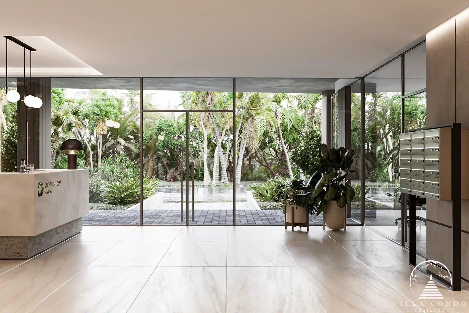 Dominion Rawai condo reception lobby with garden view and mailboxes in Phuket