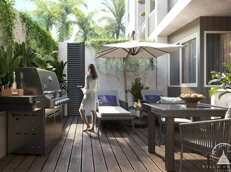 Private terrace with BBQ and outdoor lounge at Dominion Rawai
