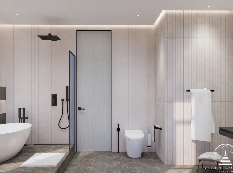 Orbita Villa Town Rawai bathroom with freestanding bathtub and rainfall shower