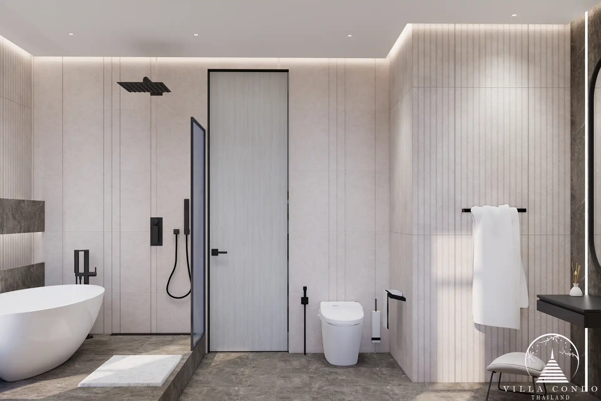 Orbita Villa Town Rawai bathroom with freestanding bathtub and rainfall shower