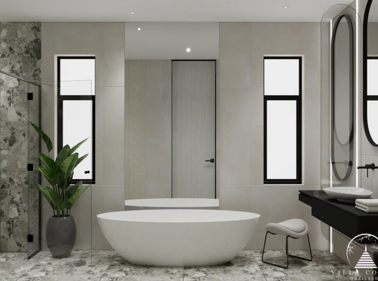 Orbita Villa Town Rawai luxury bathroom with marble flooring and freestanding tub