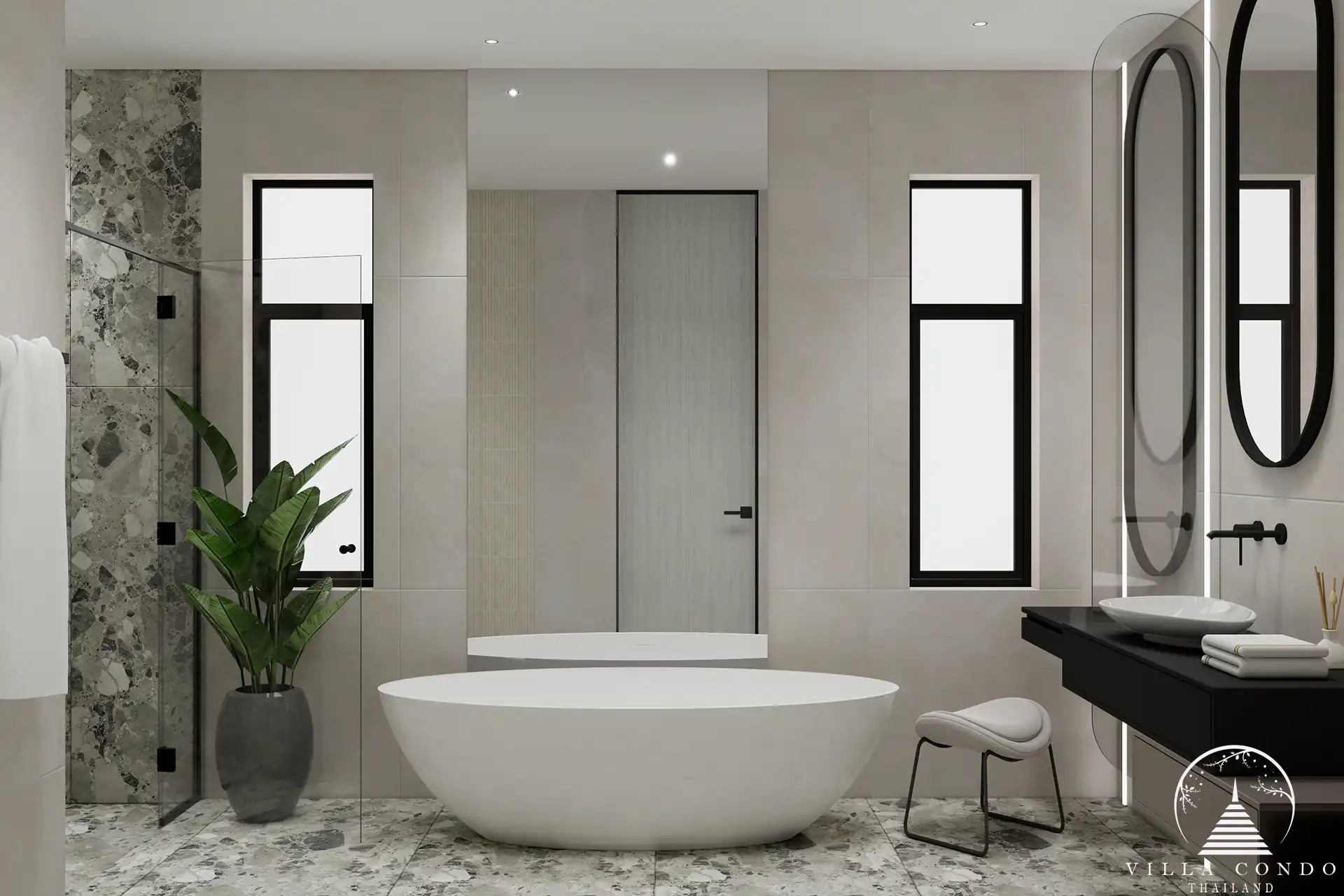 Orbita Villa Town Rawai luxury bathroom with marble flooring and freestanding tub