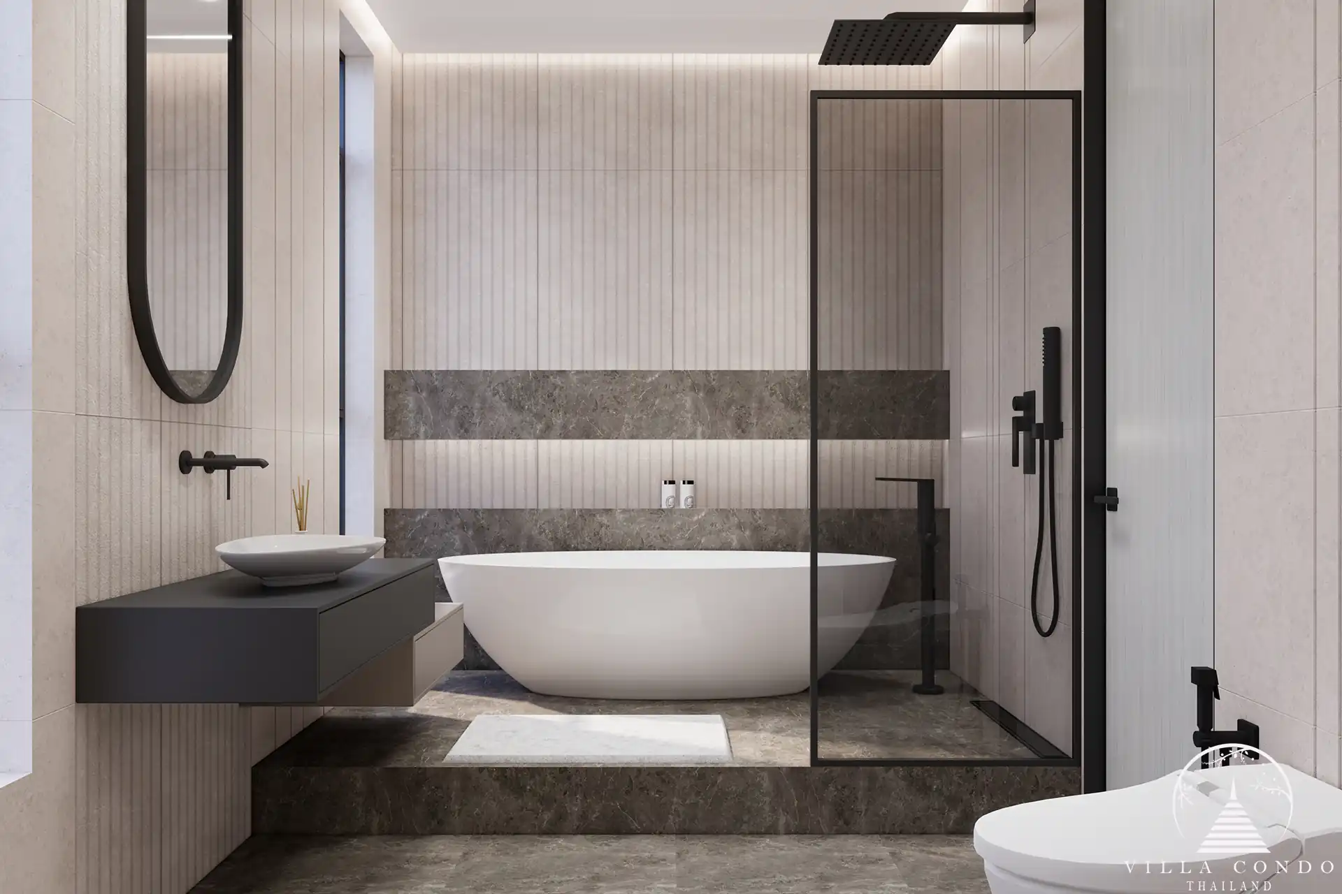 Orbita Villa Town Rawai bathroom with glass shower and bathtub on stone flooring