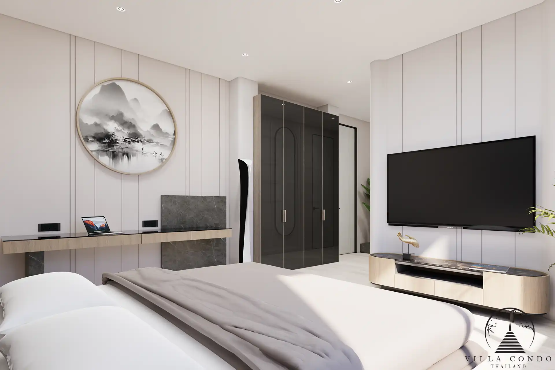 Orbita Villa Town Rawai spacious bedroom with wall-mounted TV and wardrobe