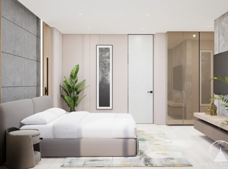 Orbita Villa Town Rawai guest bedroom with built-in wardrobe and modern TV stand