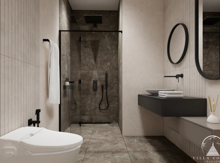Orbita Villa Town Rawai luxury bathroom with rainfall shower and vanity mirror