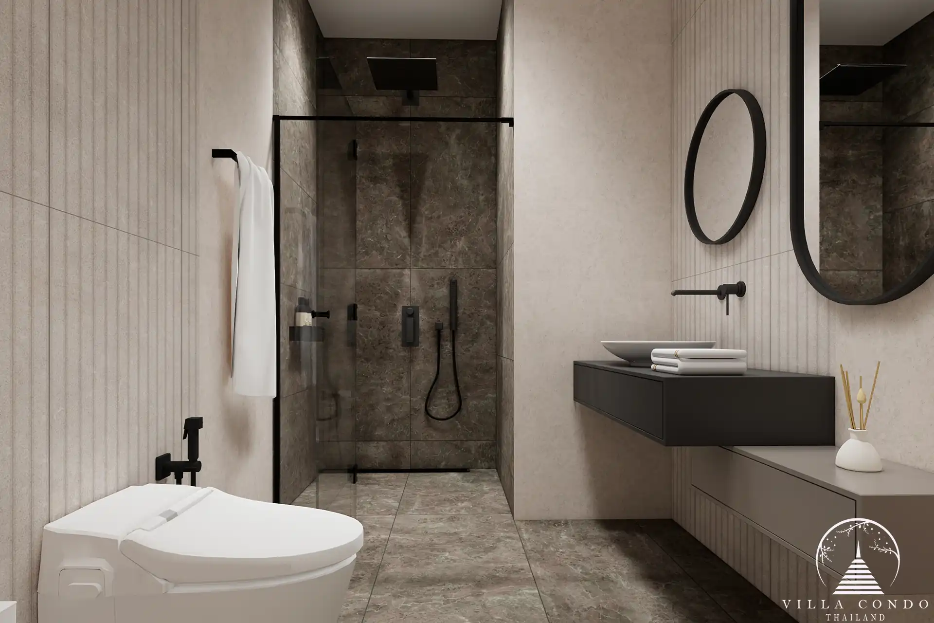Orbita Villa Town Rawai luxury bathroom with rainfall shower and vanity mirror