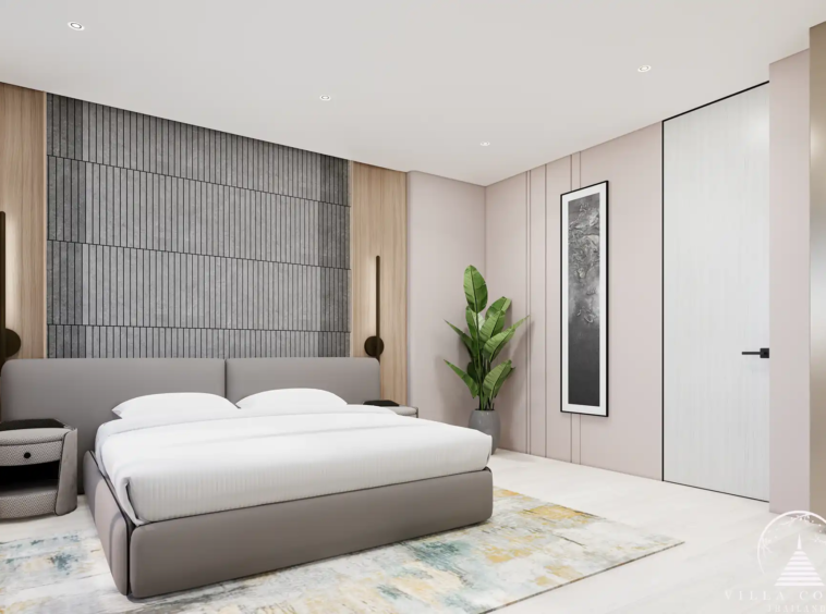 Orbita Villa Town Rawai modern guest bedroom with accent wall and indoor plant