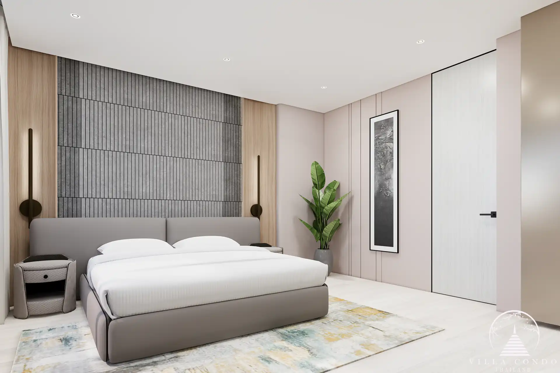Orbita Villa Town Rawai modern guest bedroom with accent wall and indoor plant