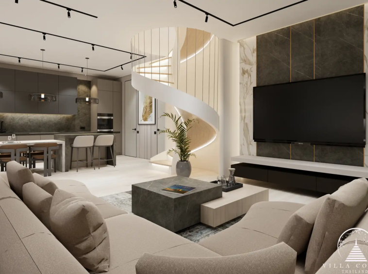 Orbita Villa Town Rawai modern interior with spiral staircase and TV lounge