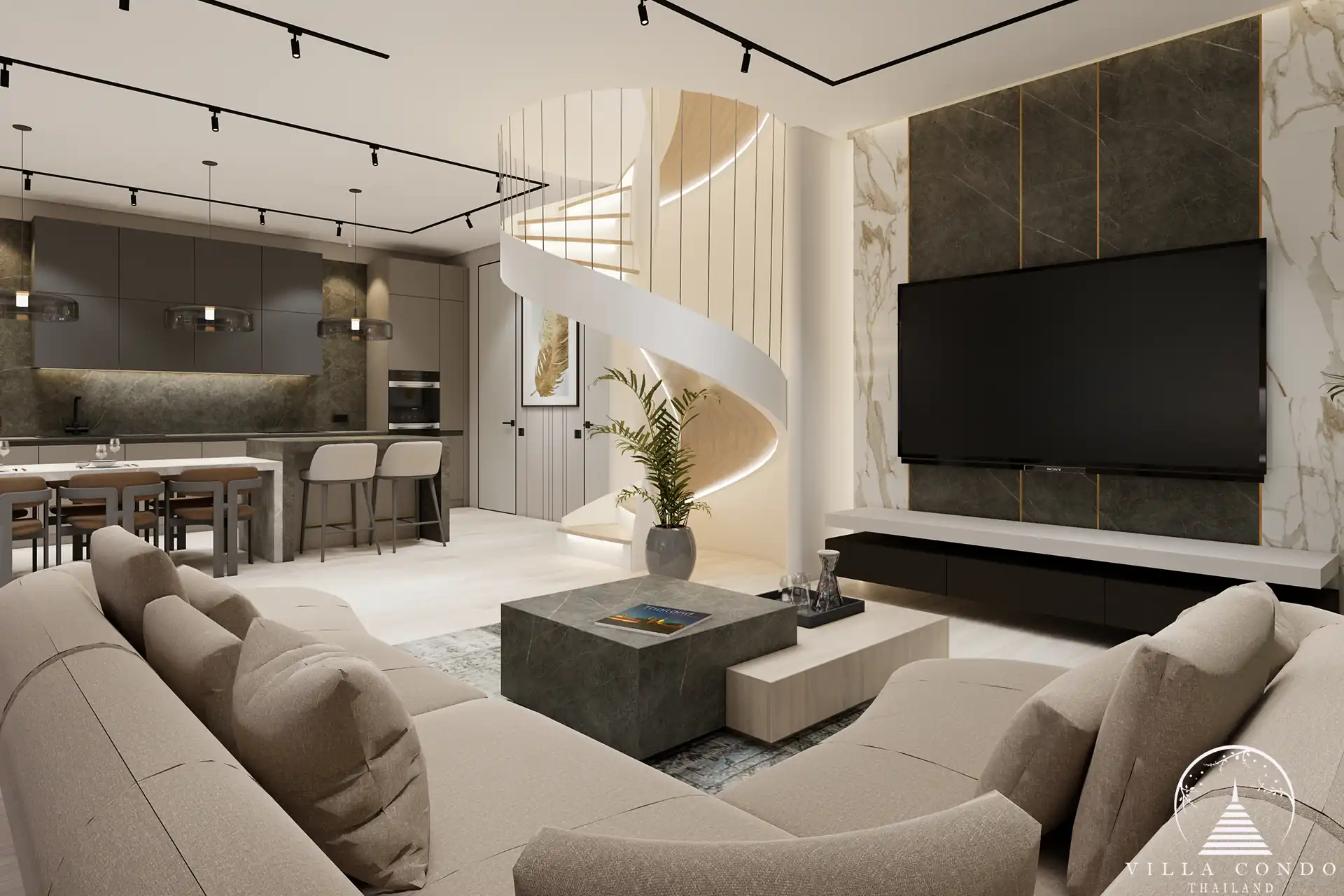 Orbita Villa Town Rawai modern interior with spiral staircase and TV lounge