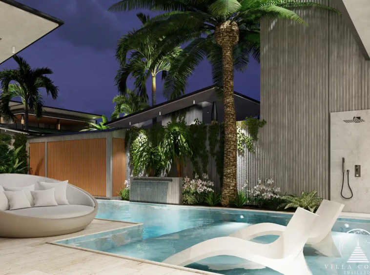 Orbita Villa Town Rawai luxury villa with poolside seating and palm trees