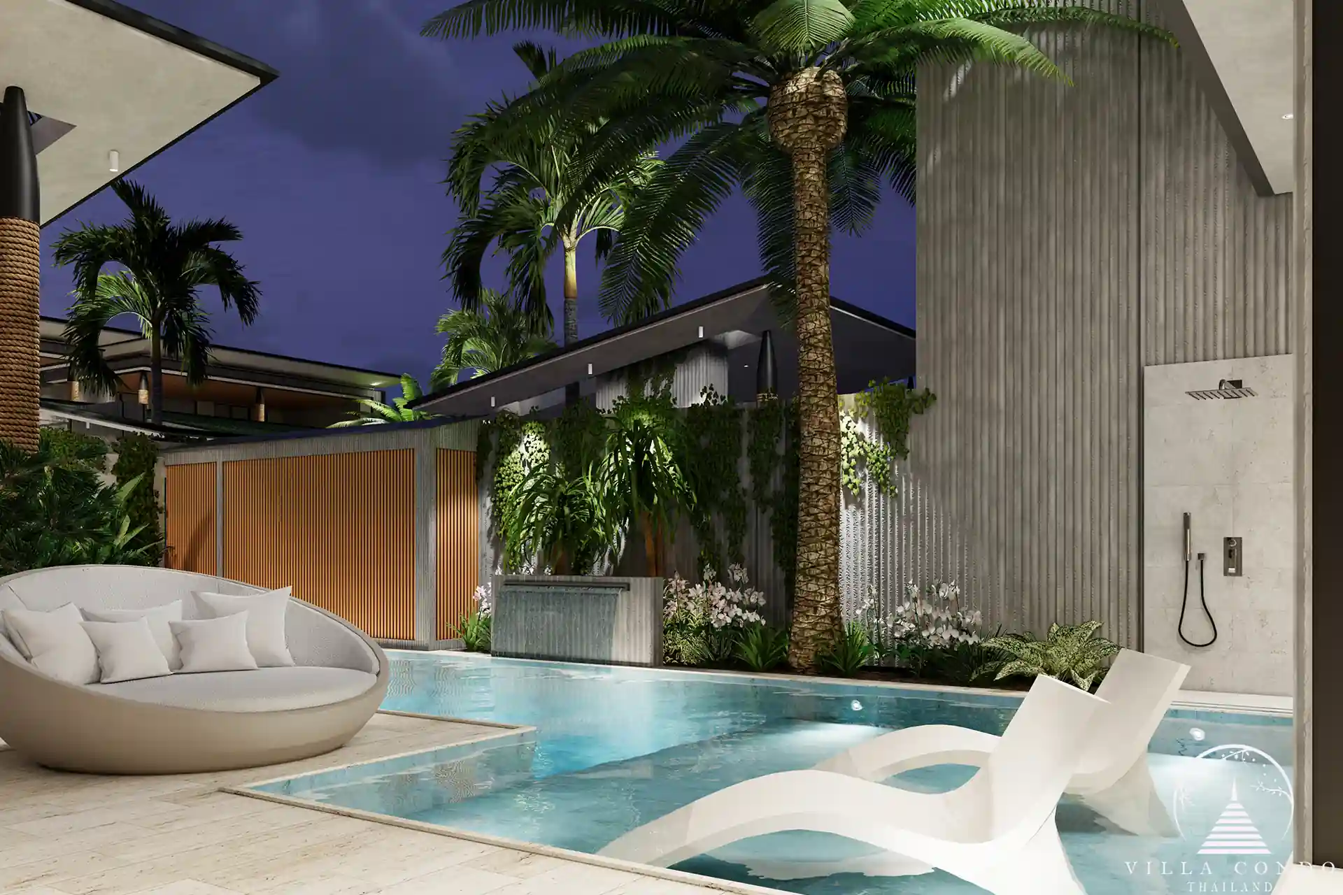 Orbita Villa Town Rawai luxury villa with poolside seating and palm trees